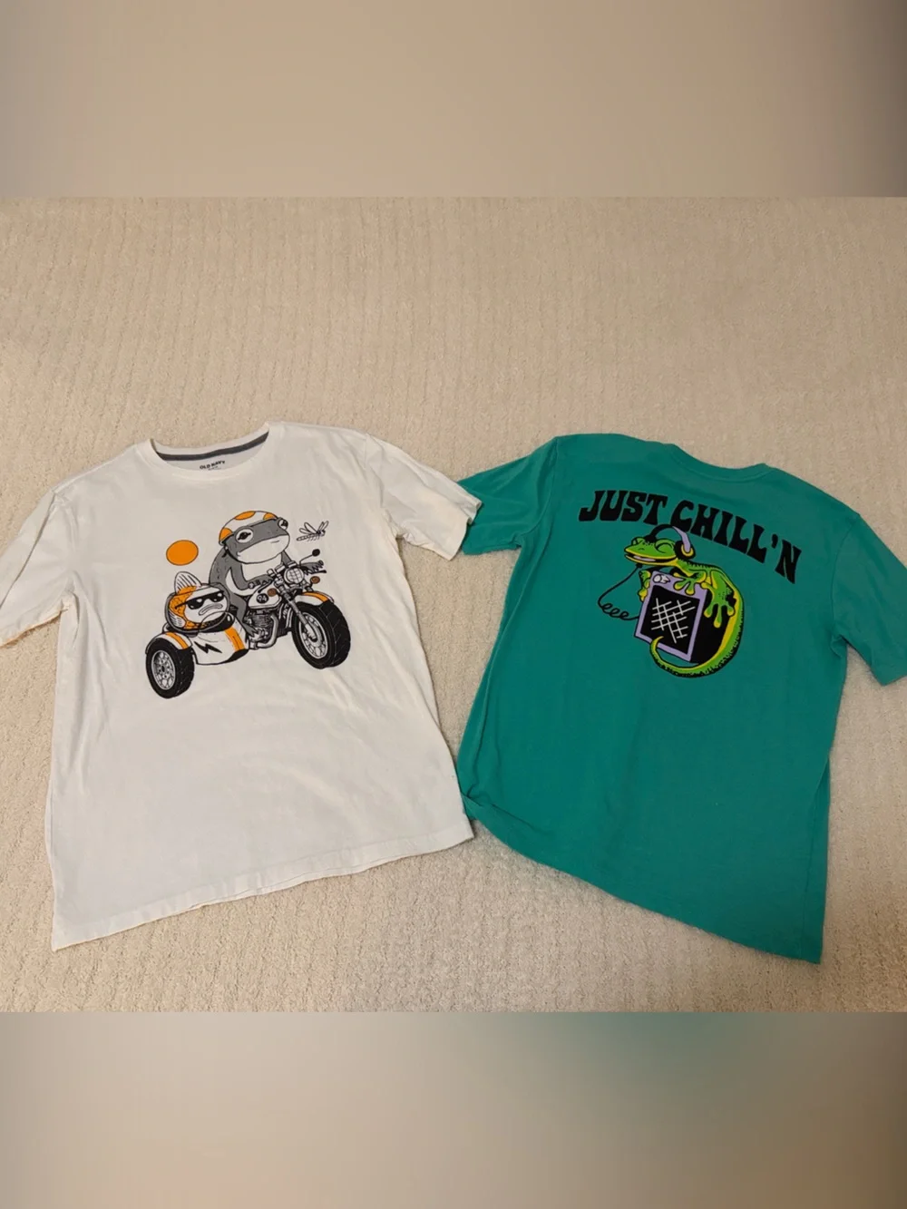Old Navy White Motorcycle Graphic Tee with Orange & Gray Accents